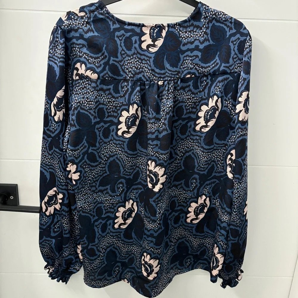 Ted Baker Navy Blue Floral Long-Sleeve Blouse with Keyhole Neckline - Picture 2 of 8